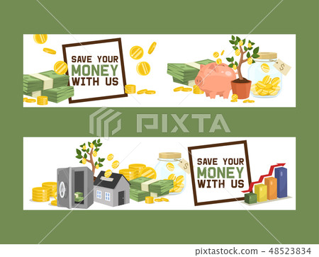 Money vector piggy bank pig box financial bank or money-box with investment savings and coins set of 48523834