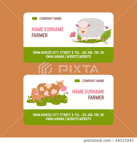 Farm animals vector business-card set domestic farming characters cow sheep goat cattle farmer Farm animals vector business-card set domestic farming characters cow sheep goat cattle farmer 48523845