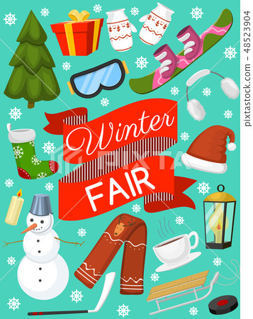 Winter holiday time banner, card vector illustration. Nature landscape with Christmas tree, snowmen 48523904
