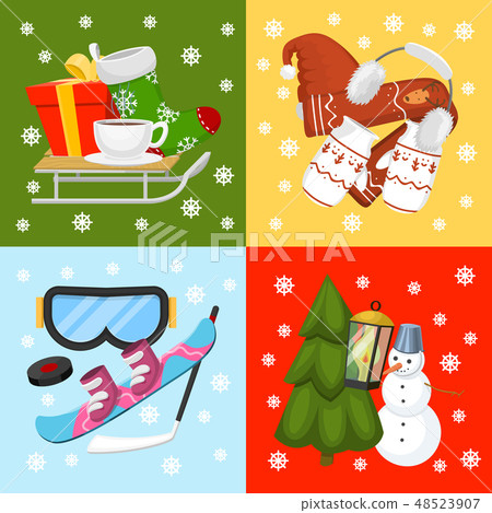 Winter holiday time banner, card vector illustration. Nature landscape with Christmas tree, snowmen Winter holiday time banner, card vector illustration. Nature landscape with Christmas tree, snowmen 48523907