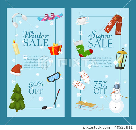 Winter super sale set of banners vector illustration. Nature landscape with Christmas tree, snowmen 48523911