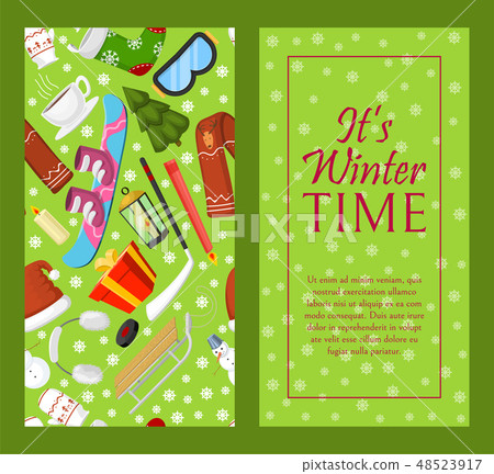 It s winter time set of banners vector illustration. Nature landscape with Christmas tree, snowmen 48523917