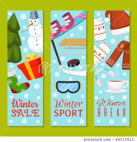 Winter sale, break set of banners vector illustration. Nature landscape with Christmas tree, snowmen Winter sale, break set of banners vector illustration. Nature landscape with Christmas tree, snowmen 48523921