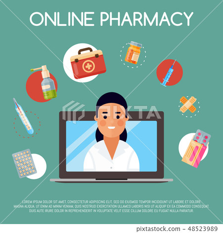 Medication online store banner vector illustration. Internet shopping. Female chemist selling drugs Medication online store banner vector illustration. Internet shopping. Female chemist selling drugs 48523989