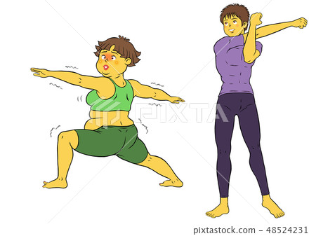 Yoga Fitness, Chubby Female and Male Instructor - Stock Illustration ...