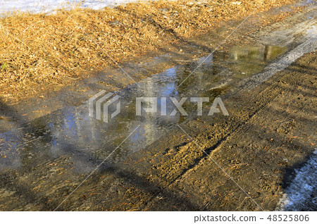 Spring puddle on the road. The snow began to melt. 48525806
