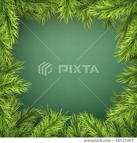 Card with Christmas tree border, realistic fir-tree branches frame on green background. EPS 10 48525807