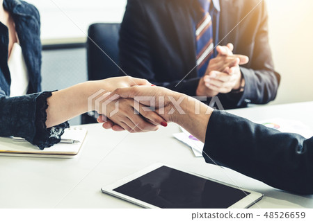 Business people handshake agreement in office. Business people handshake agreement in office. 48526659