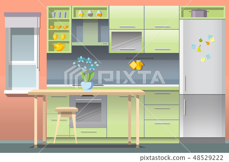 Vector Flat Kitchen Interior Dining Room Design. 48529222