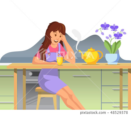 Vector Flat Beautiful Girl Woke up Washed up. Vector Flat Beautiful Girl Woke up Washed up. 48529378
