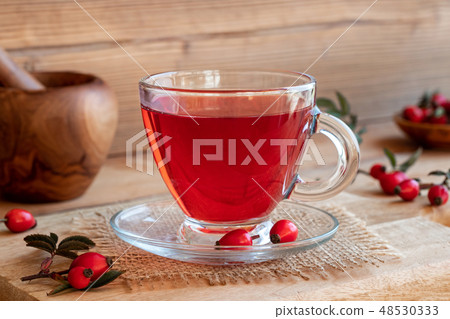A cup of rose hip tea with fresh rose hips 48530333