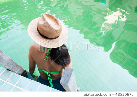 Rear view of beauty asian woman in swimwear. Rear view of beauty asian woman in swimwear. 48530673