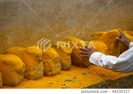 Man touching saffron colored stones, Maharashtra 48530727