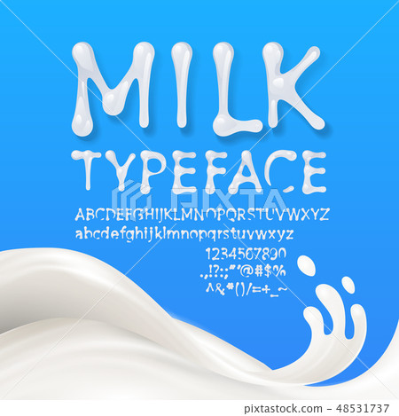 Milk uppercase and lowercase alphabets with symbols and numbers isolated on blue background with Milk uppercase and lowercase alphabets with symbols and numbers isolated on blue background with 48531737