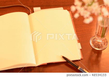 Stationery laid out on a walnut table. British antique furniture (copy space on a white notebook) Stationery laid out on a walnut table. British antique furniture (copy space on a white notebook) 48534133