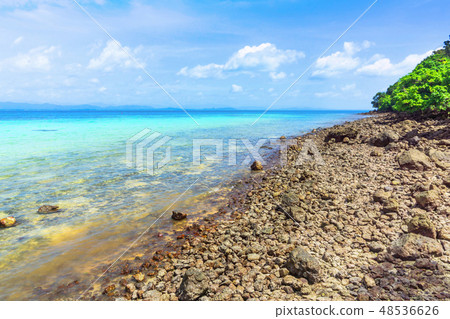 Blue sea and rock stone beach with blue sky 48536626