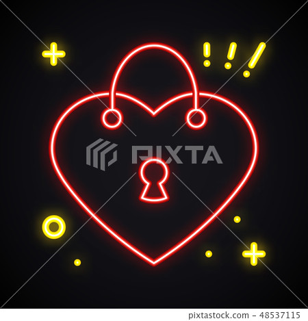 Neon lock sign. Light padlock symbol. Safety, secret, privacy, protection theme. Bright heart shape. 48537115