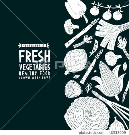 Fun hand drawn vegetable design template. Linocut Fun hand drawn vegetable design template. Linocut 48538009