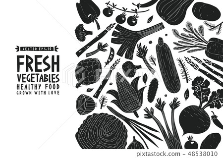 Fun hand drawn vegetable design template. Linocut Fun hand drawn vegetable design template. Linocut 48538010