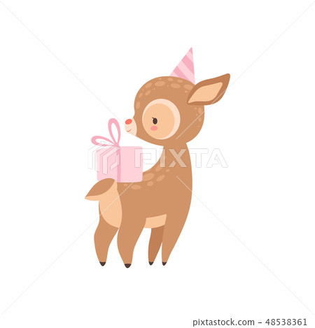 Cute Baby Deer with Pink Gift Box, Adorable Forest Fawn Animal Vector Illustration Cute Baby Deer with Pink Gift Box, Adorable Forest Fawn Animal Vector Illustration 48538361