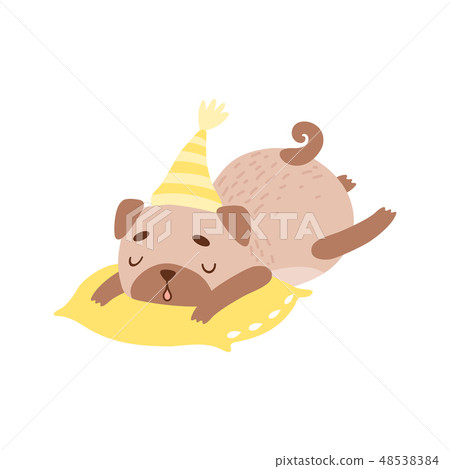 Cute Pug Dog Wearing Yellow Hat Sleeping on Pillow, Funny Friendly Animal Pet Character Vector Cute Pug Dog Wearing Yellow Hat Sleeping on Pillow, Funny Friendly Animal Pet Character Vector 48538384