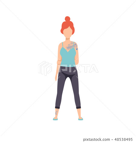 Beautiful Girl with Tattoos, Young Woman Having Tattoo on Her Shoulder Vector Illustration 48538495
