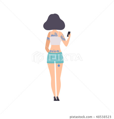 Brunette Girl with Tattoos, Young Woman Having Tattoo on Her Back Vector Illustration Brunette Girl with Tattoos, Young Woman Having Tattoo on Her Back Vector Illustration 48538523