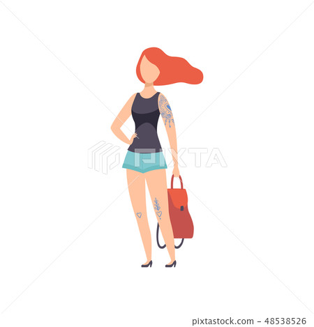 Beautiful Girl Wearing Casual Clothes with Tattoos, Young Woman Having Tattoo on Her Arm and Leg 48538526