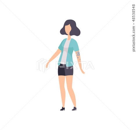 Brunette Girl Having Tattoo on Her Arm Vector Illustration 48538548