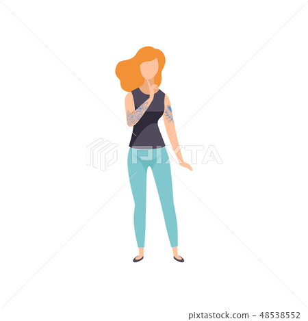 Beautiful Girl with Tattoos, Young Woman in Jeans and Black Tank Top Having Tattoo on Her Arms Beautiful Girl with Tattoos, Young Woman in Jeans and Black Tank Top Having Tattoo on Her Arms 48538552