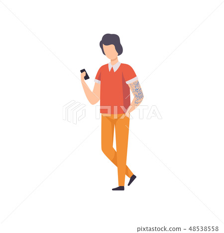 Young Man Wearing Casual Clothes with Smartphone, Guy Having Tattoo on His Arms Vector Illustration 48538558