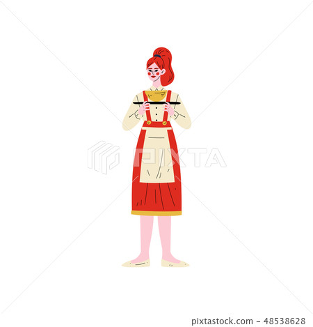 Waitress Standing with Tray, Hotel Staff Character in Red Uniform Vector Illustration 48538628