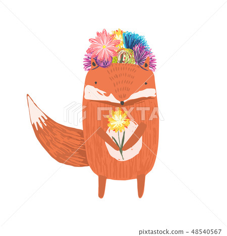 Cute hand drawn orange fox with flowers wreath 48540567