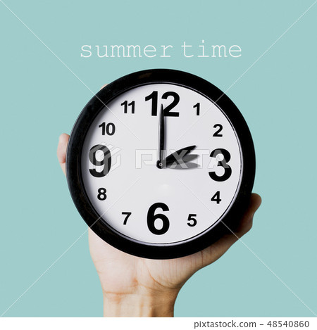text summer time and clock being adjusted one hour 48540860
