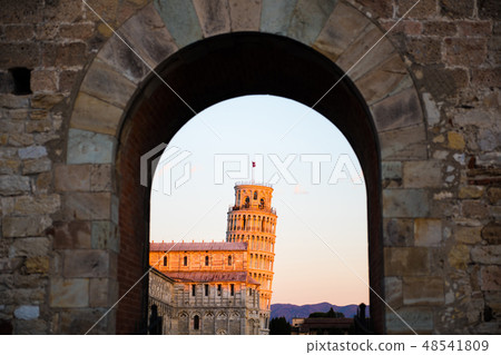 Italian Tuscan State Pisa Santa Maria Leaning tower of Pisa stained in the sunset from the gate Italian Tuscan State Pisa Santa Maria Leaning tower of Pisa stained in the sunset from the gate 48541809