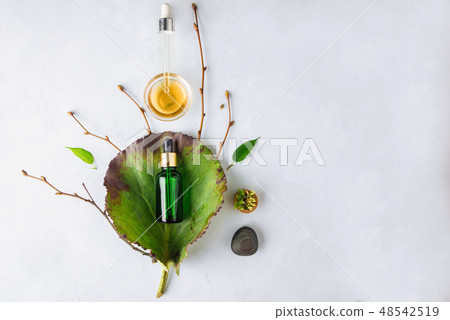 Organic Spa Cosmetic With Herbal Ingredients. Vegetable serum for skin. glass bottle with a pipette 48542519