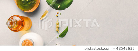 Natural cosmetics, oils for skin care on a light background. Homeopathic oils, whey, milk, soap Natural cosmetics, oils for skin care on a light background. Homeopathic oils, whey, milk, soap 48542635
