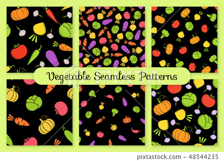 Outline seamless vegetable black background set Outline seamless vegetable black background set 48544235