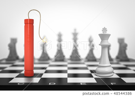 3d rendering of a lit red dynamite stick standing on chessboard face to face with the White King 3d rendering of a lit red dynamite stick standing on chessboard face to face with the White King 48544386