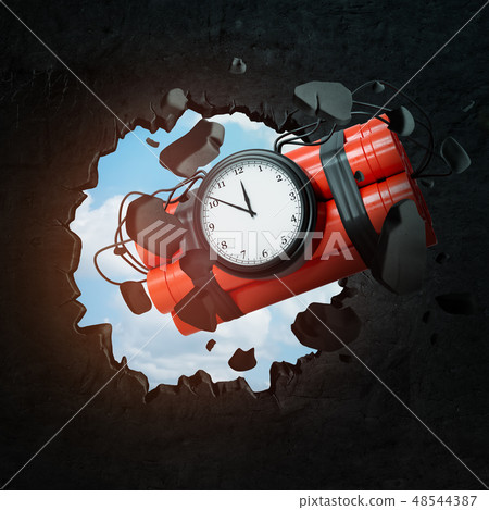 3d rendering of red dynamite time bomb breaking black wall 3d rendering of red dynamite time bomb breaking black wall 48544387