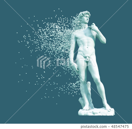 Digital Disintegration Of Sculpture David On Blue Background Digital Disintegration Of Sculpture David On Blue Background 48547475