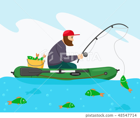 Man fisherman on an inflatable boat fishing. Man fisherman on an inflatable boat fishing. 48547714