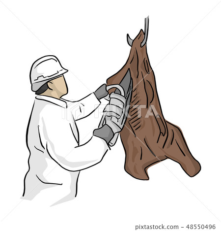 male butcher using chainsaw to cut hanging meat 48550496
