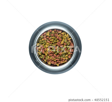Top view dry food for pet in stainless bowls 48552151