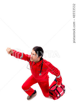 Young paramedic in red uniform isolated on white Young paramedic in red uniform isolated on white 48553532