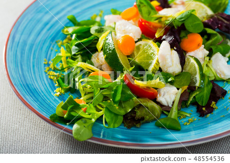 Tasty salad of hake, lemon, lettuce leaves and fresh carrots 48554536