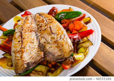 Dish of bulgarian cuisine of tasty baked vegetables with mackerel 48555160