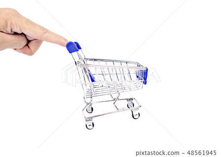 A hand pushing a Blue shopping cart isolated A hand pushing a Blue shopping cart isolated 48561945