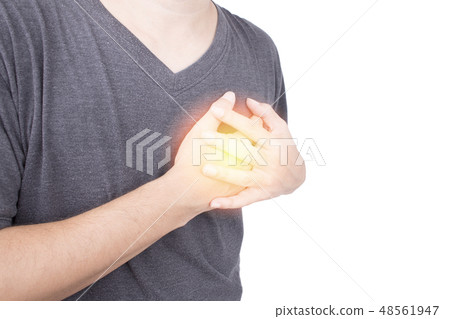 Asian man with holding her chest in pain Asian man with holding her chest in pain 48561947