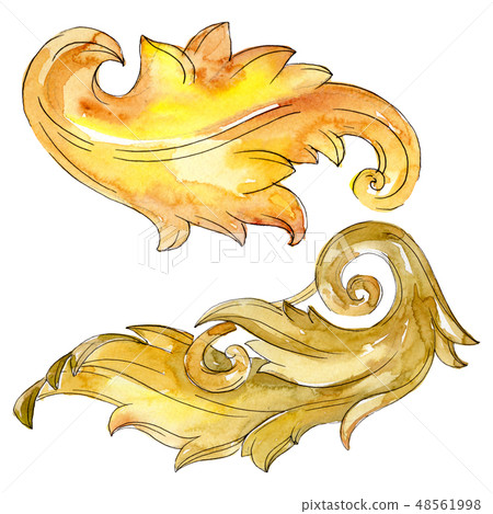 Gold monogram floral ornament. Baroque design isolated elements. Watercolor background illustration 48561998